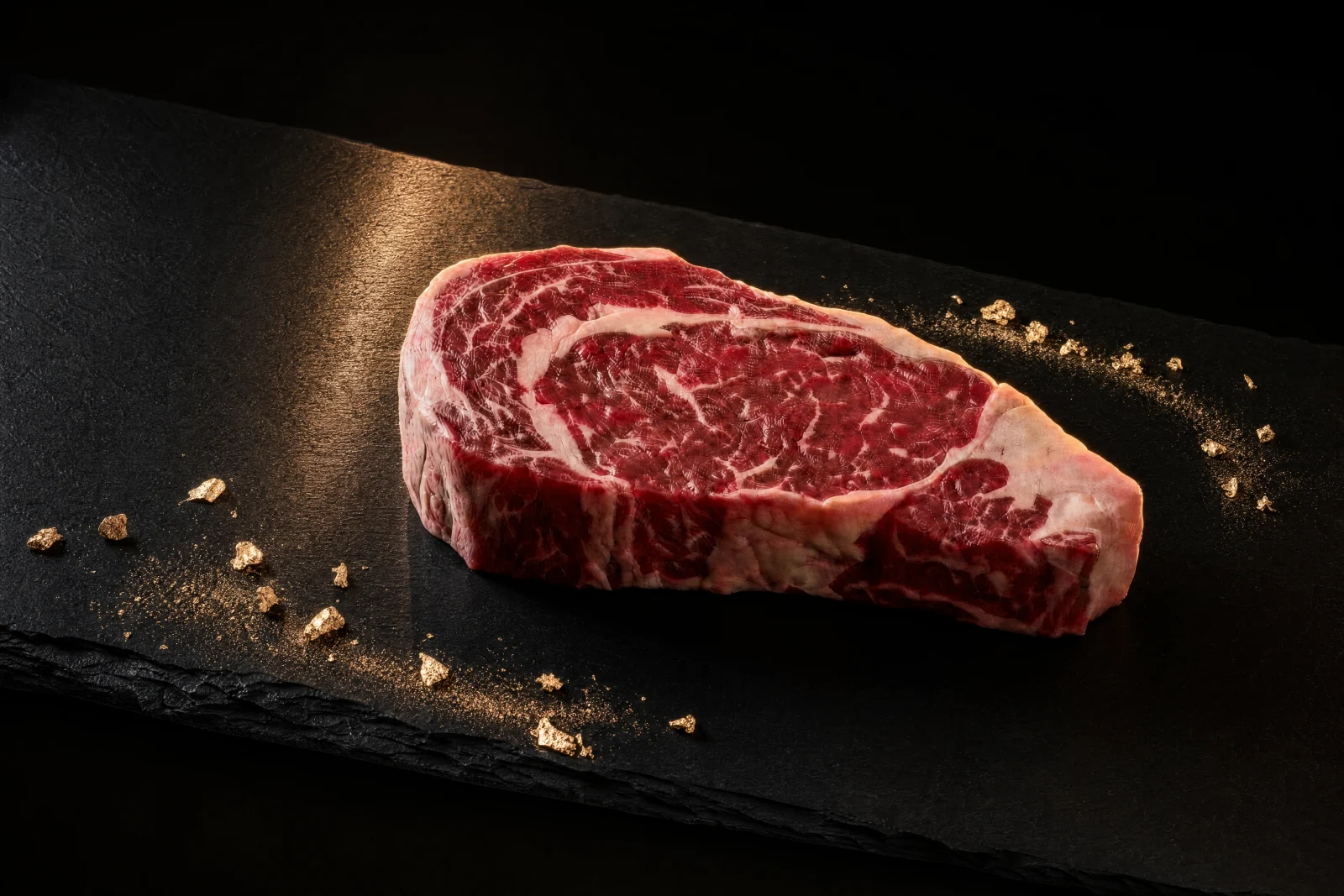 Entrecôte Black Angus Gold Selection crue et persillée sur une ardoise noire
